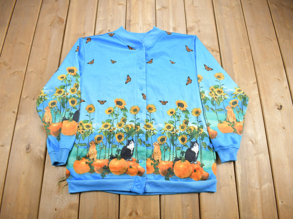 Vintage 1990s Cute Farm Cats Theme Button Up Sweater