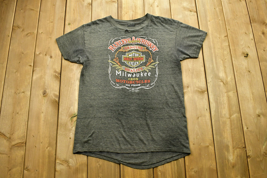 Vintage Very Faded and Thin Harley Davidson Motorcycles 3D Emblem Whiskey T-Shirt Distressed Single Stitch Made In USA