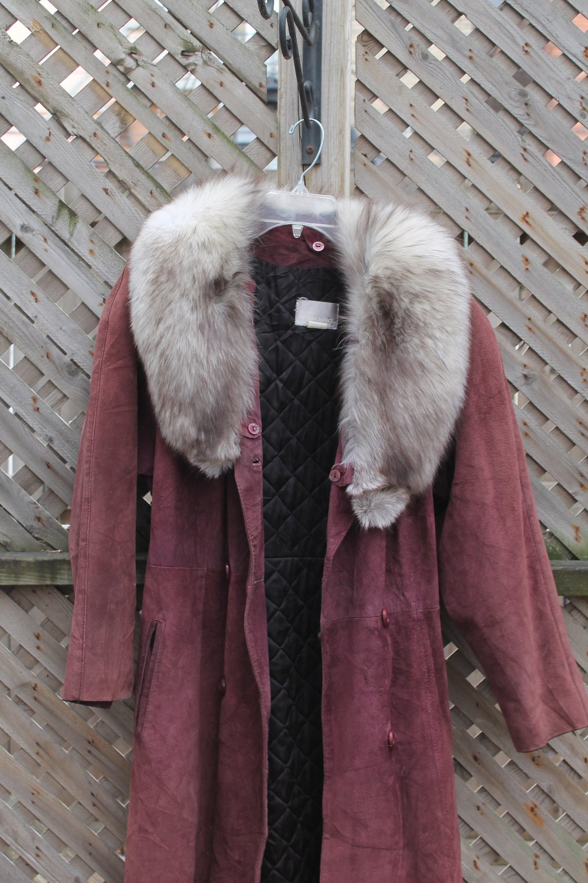 Vintage 1980s Fox Fur Collar Suede Trench Coat Winter Outerwear