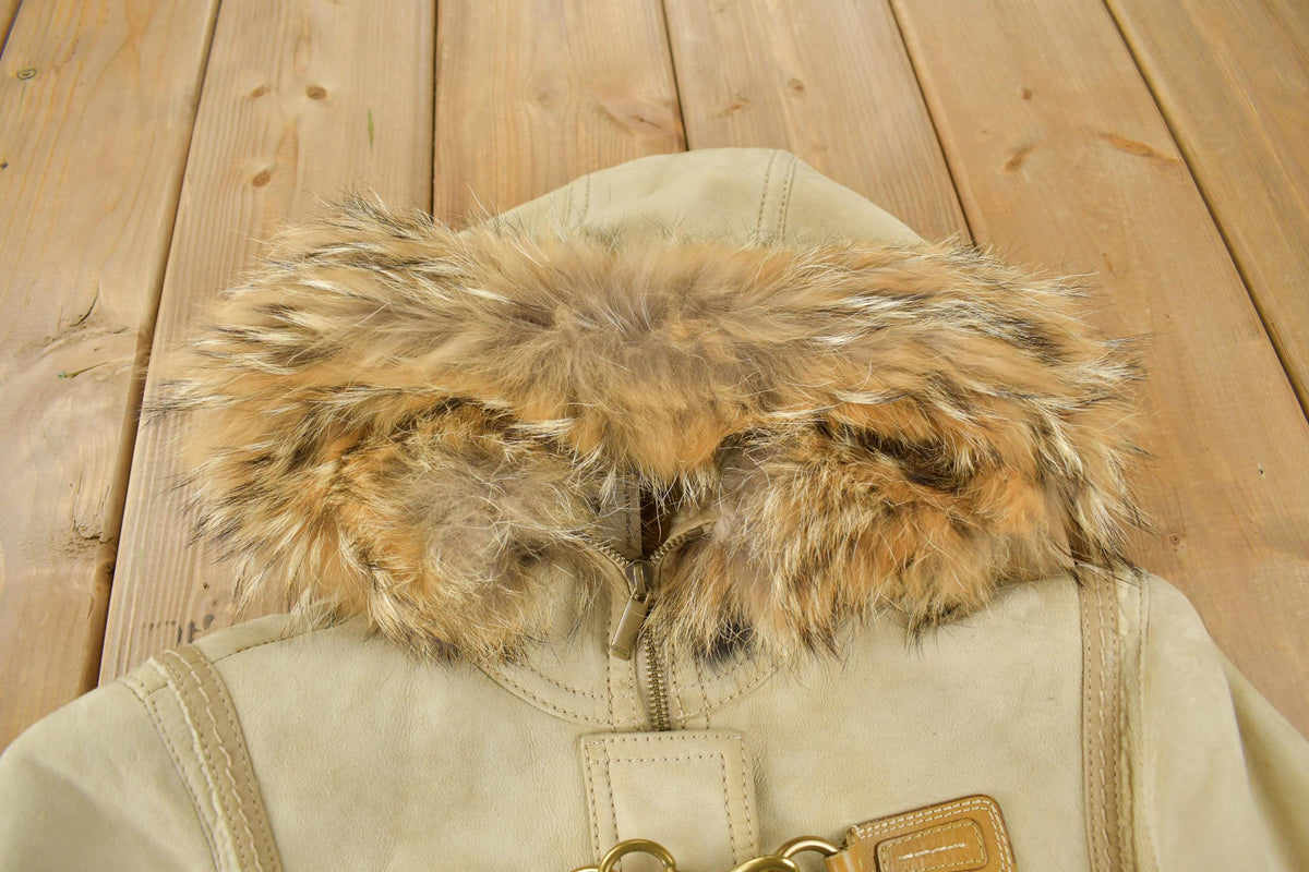 Vintage 1990s Coach Authentic Leather Full Length Shearling Jacket With Fur Hood Size 8