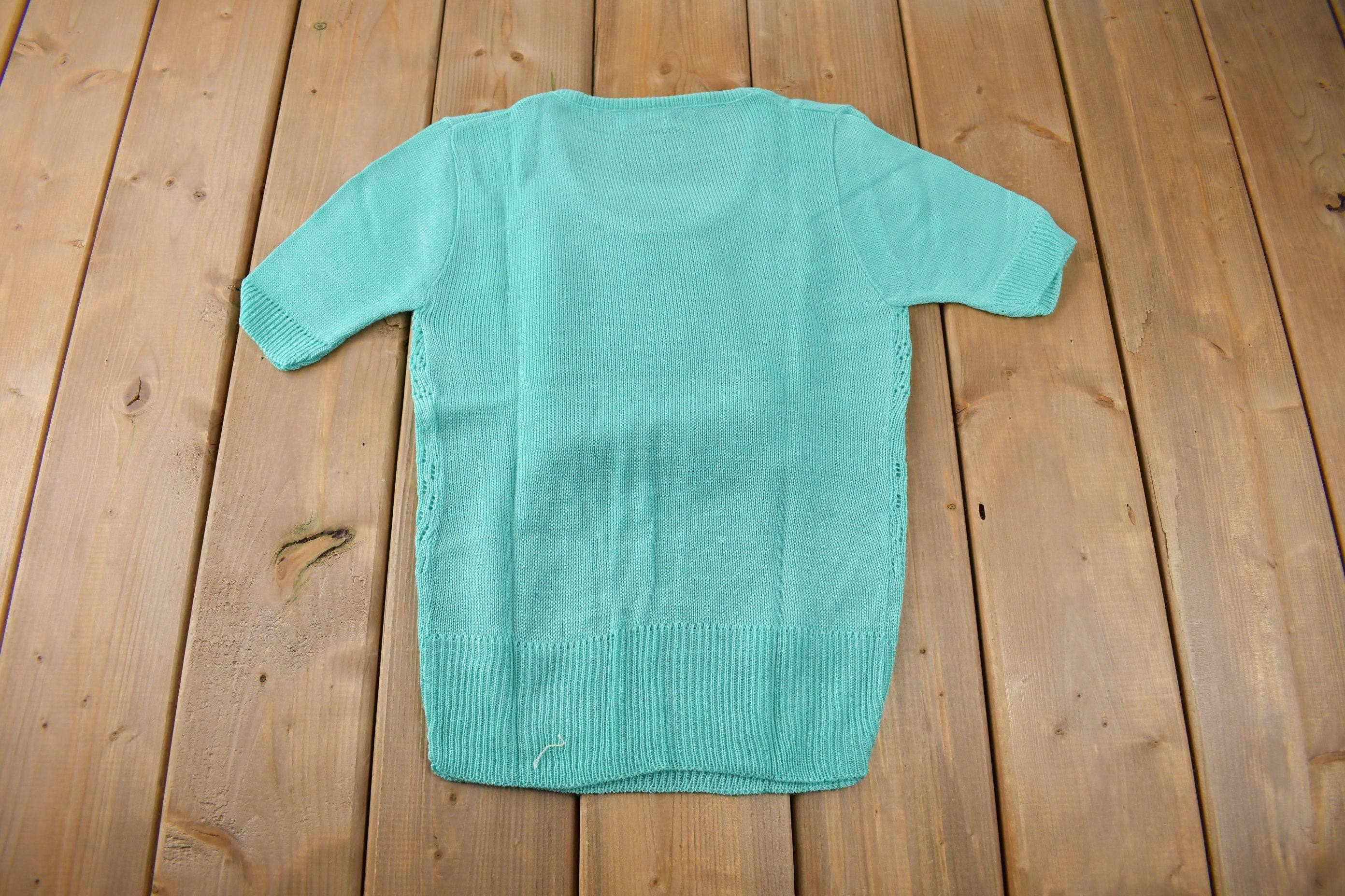 True Vintage 1960s Deadstock Miss Scotch English Short Sleeve Turquoise Knit Acrylic Sweater