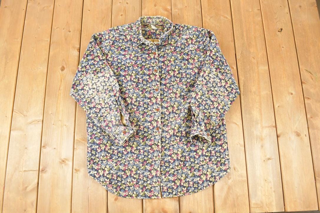 Vintage 1990s Eddie Bauer Aop Floral Corduroy Button Up Shirt Women's L
