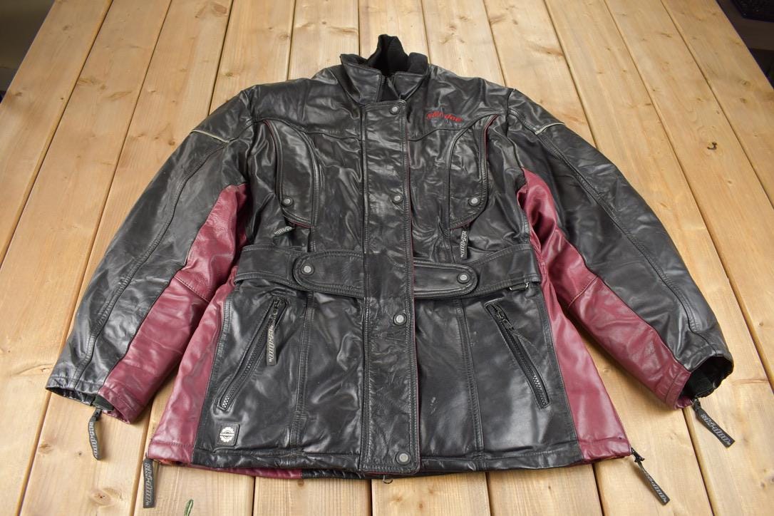 Vintage 1990s Ski Doo Sno Gear Genuine Leather Snowmobile Racing Jacket Made In Canada Size Women's Medium