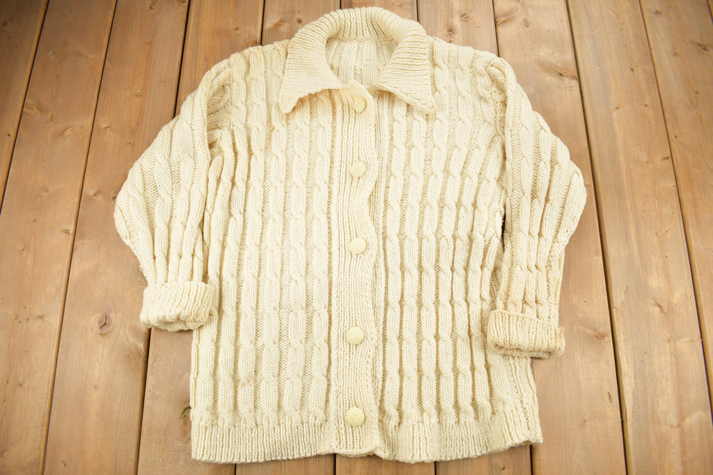 Vintage 1980s Blank 100% Wool Cable Knit Cardigan Sweater