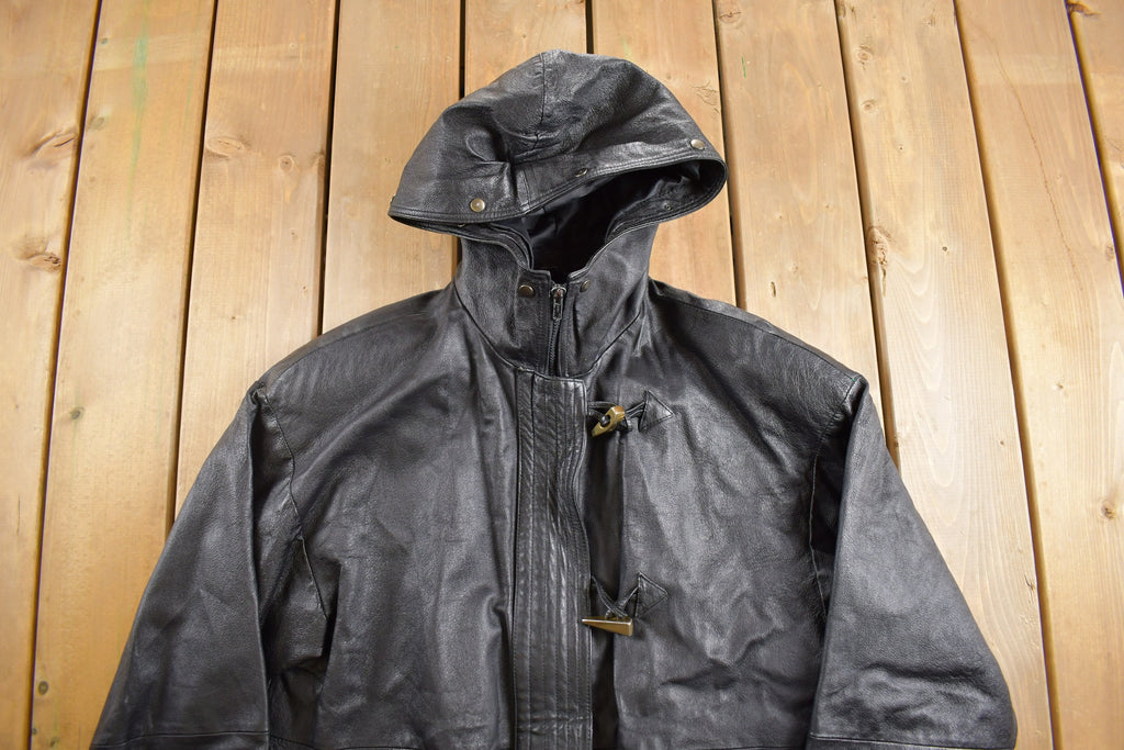 Vintage 1990s Black Leather Hooded Jacket
