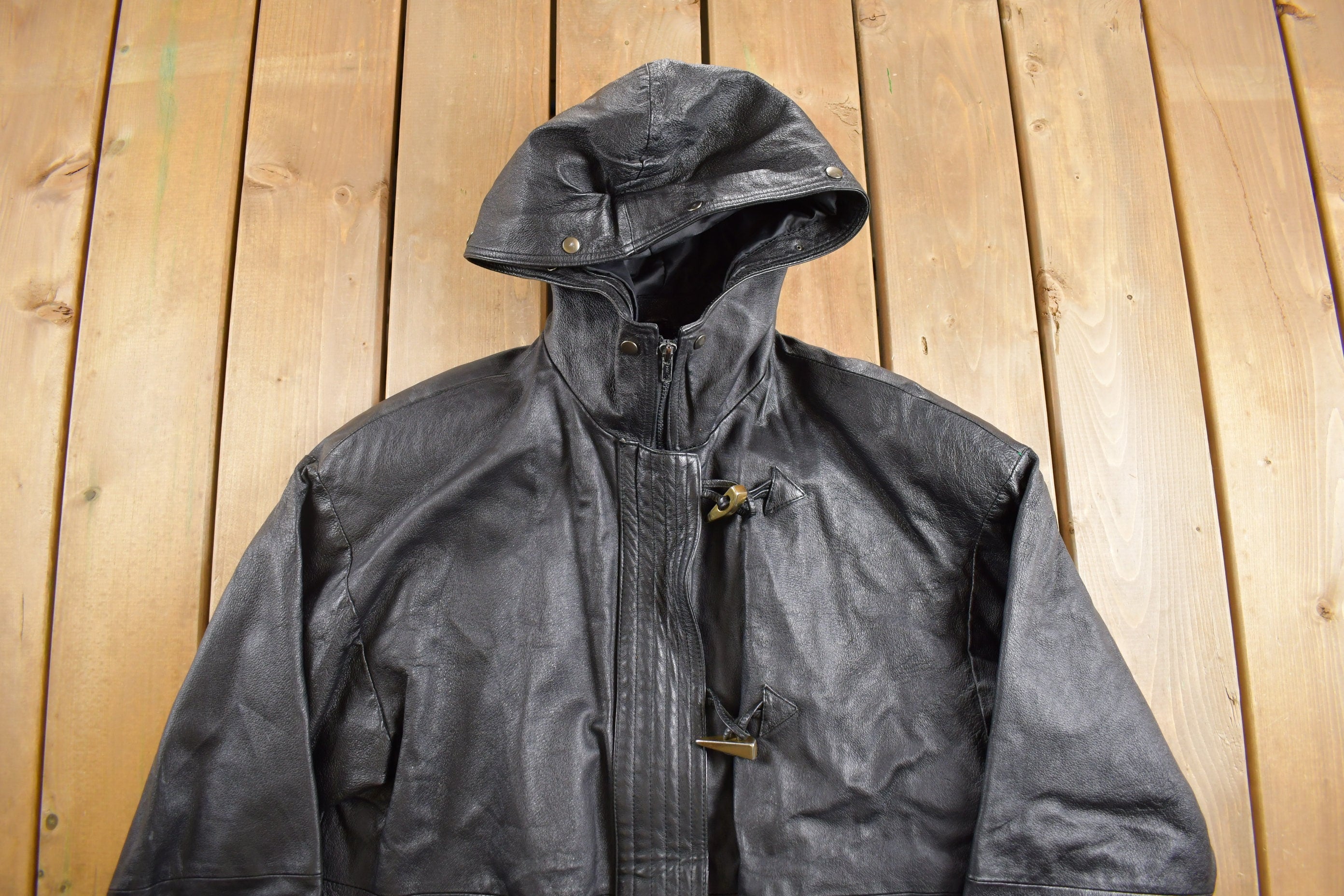Vintage 1990s Black Leather Hooded Jacket