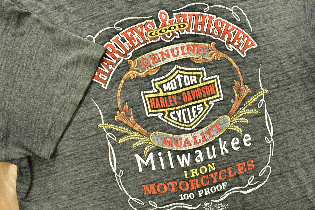 Vintage Very Faded and Thin Harley Davidson Motorcycles 3D Emblem Whiskey T-Shirt Distressed Single Stitch Made In USA