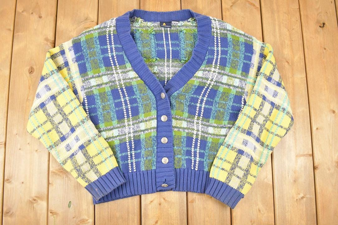 Vintage 1990s Liz Sport Abstract Plaid Knit Cardigan Sweater Women's L