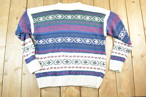 Vintage 1990s Woods And Grey Knit Abstract Pattern Crewneck Sweater Mens M