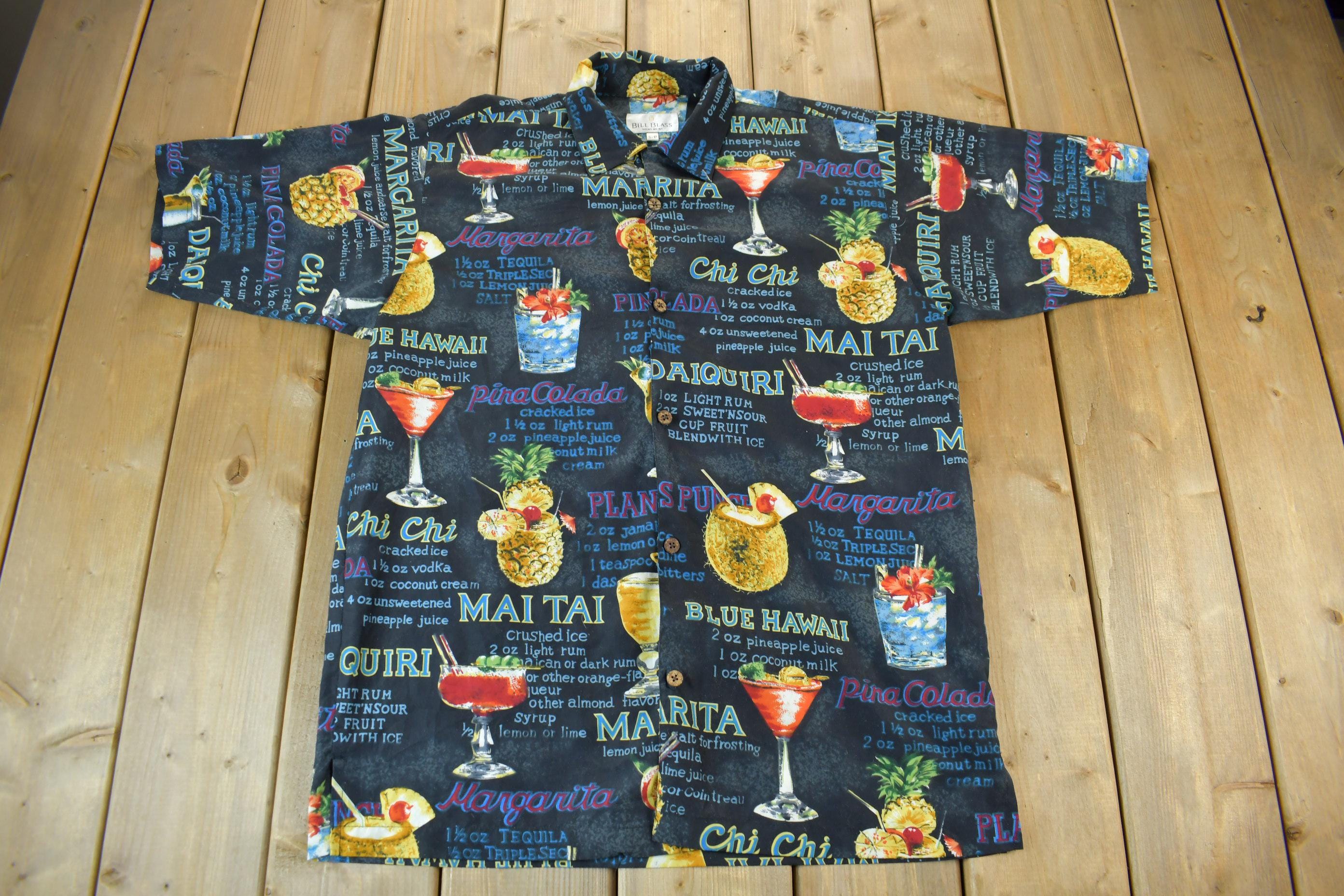 Vintage 1990s Bill Blass Summer Cocktail Recipes Graphic Button Up Shirt