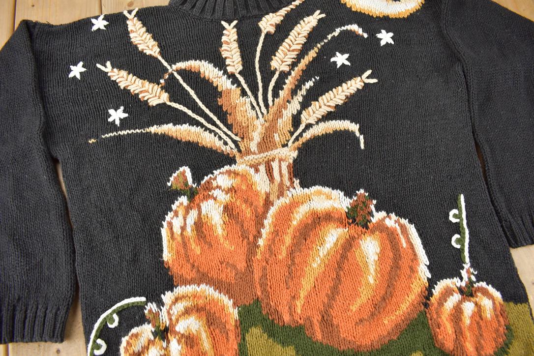 Vintage 1990s Stitches Pumpkin All Over Graphic Knit Mock neck Sweater Size L