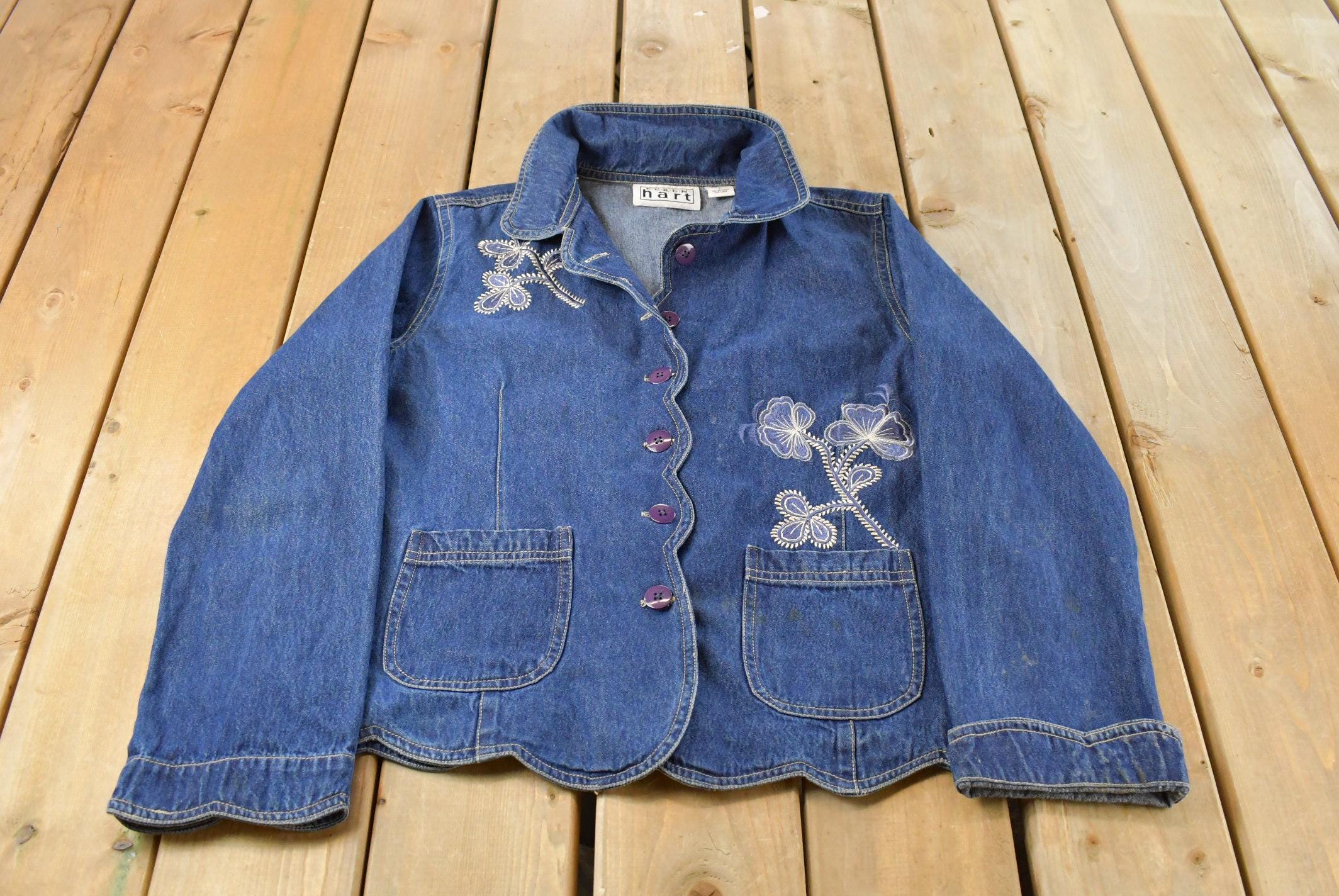 Vintage 1990s Keren Hart Denim Floral Embroidered Button Up Shirt Jacket Women's L / Vintage Shacket / Denim Button Up / Cute Grandma Core