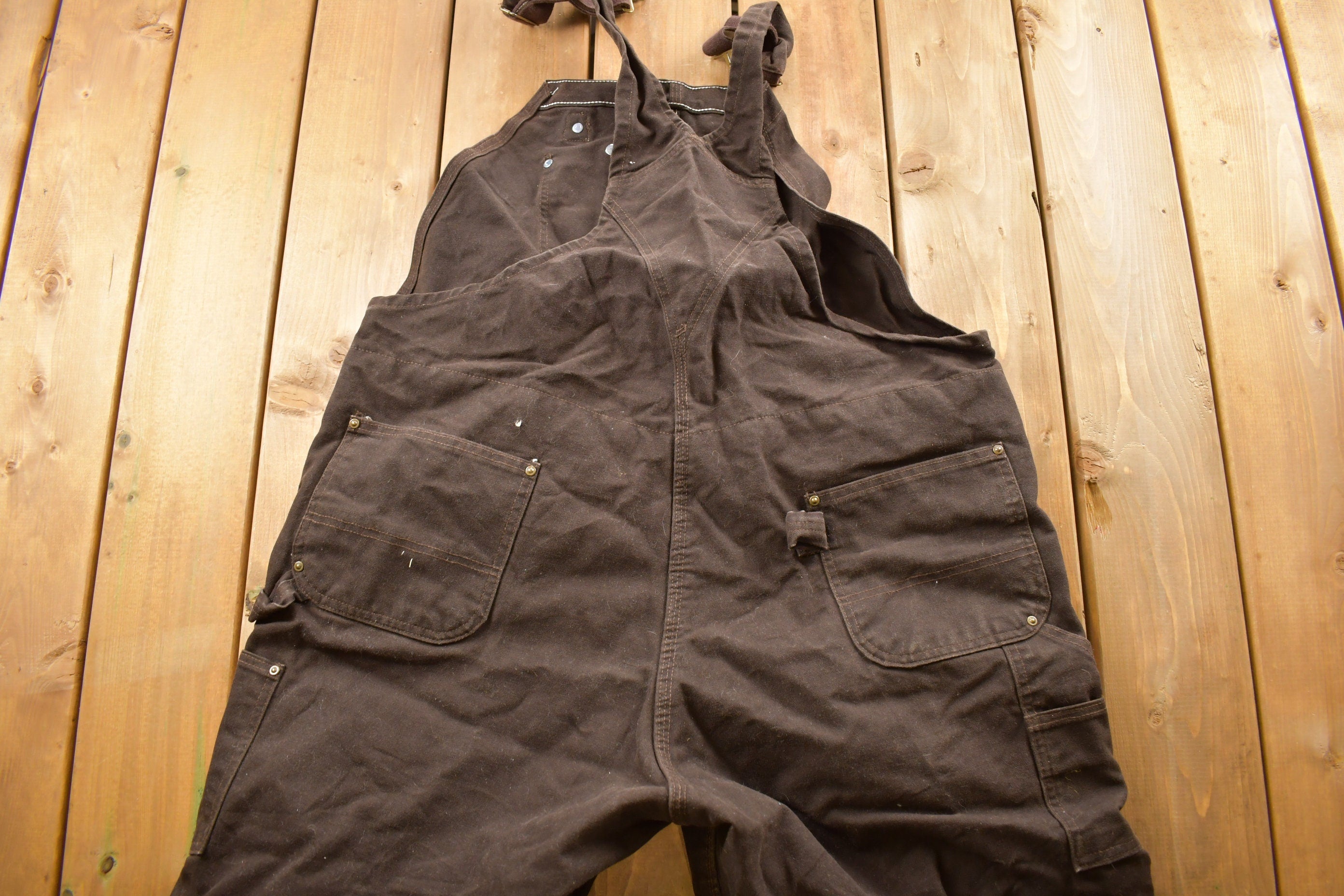 Vintage 1990s Carhartt Brown Double Knee Canvas Quilted Overalls Size 44 x 26