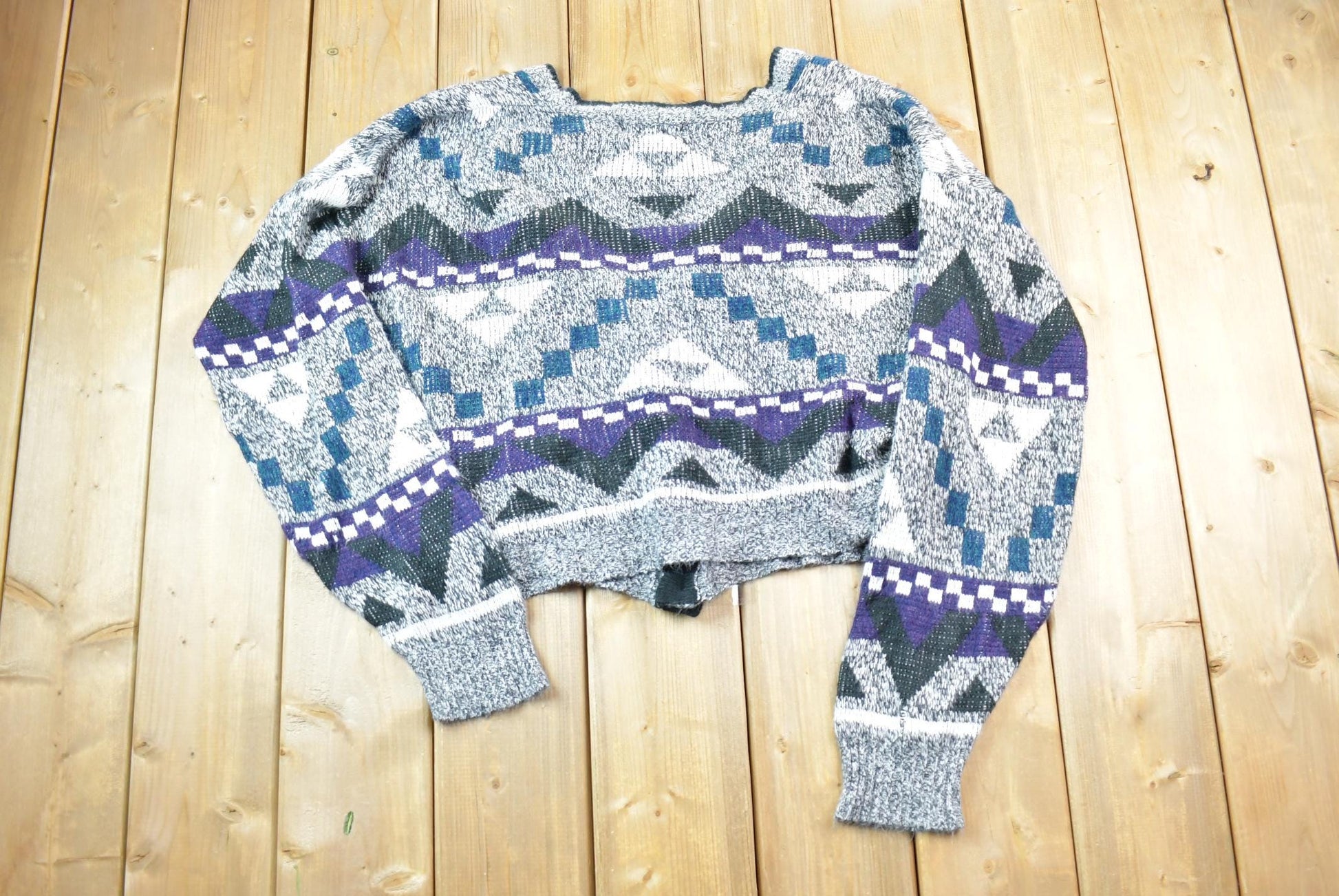 Vintage 1990s Campus Abstract Pattern Quarter Button Knit Cardigan Sweater