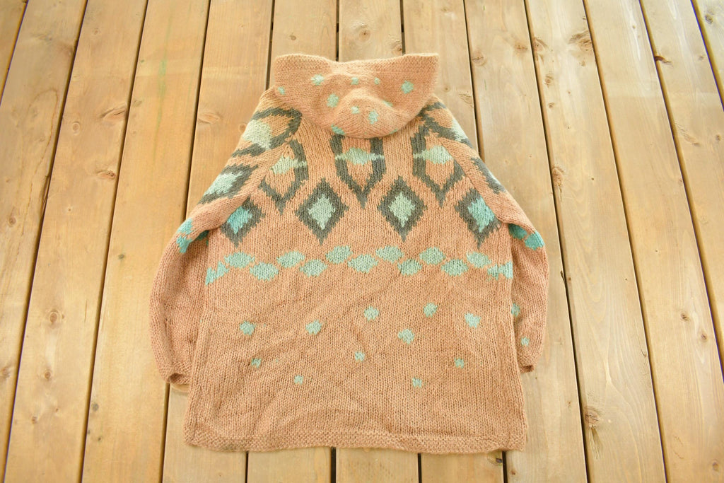 Vintage 1980s Laria Hand Knit Wool Full Zip Hooded Sweater Men's Medium