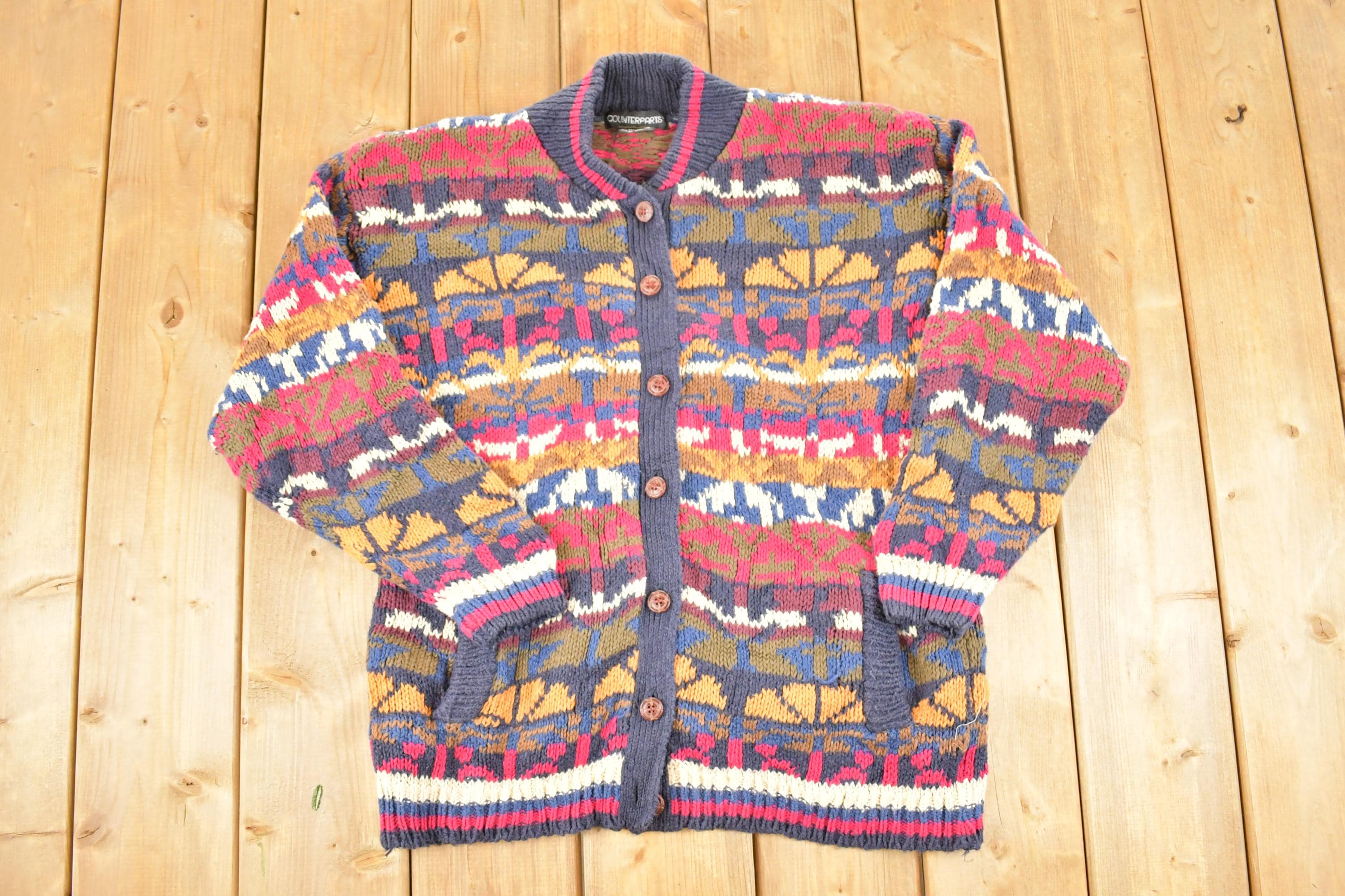 Vintage 1990s Counterparts Abstract Chunky Knit Cardigan Sweater Women's M