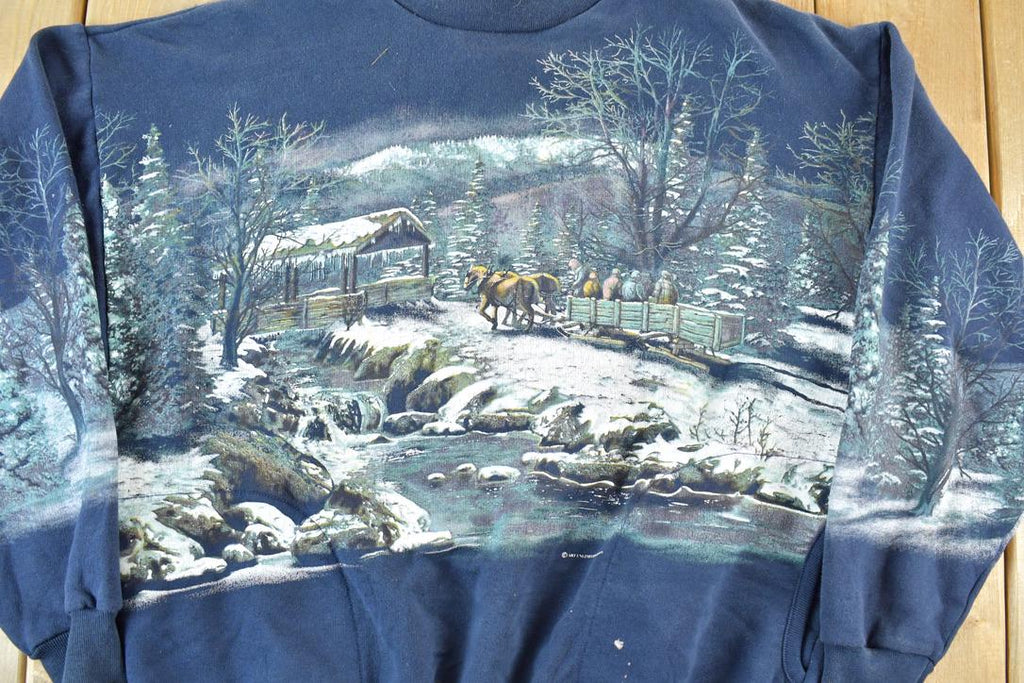 Vintage 1990s All Over Print Winter Theme Laceneck Crewneck Sweatshirt
