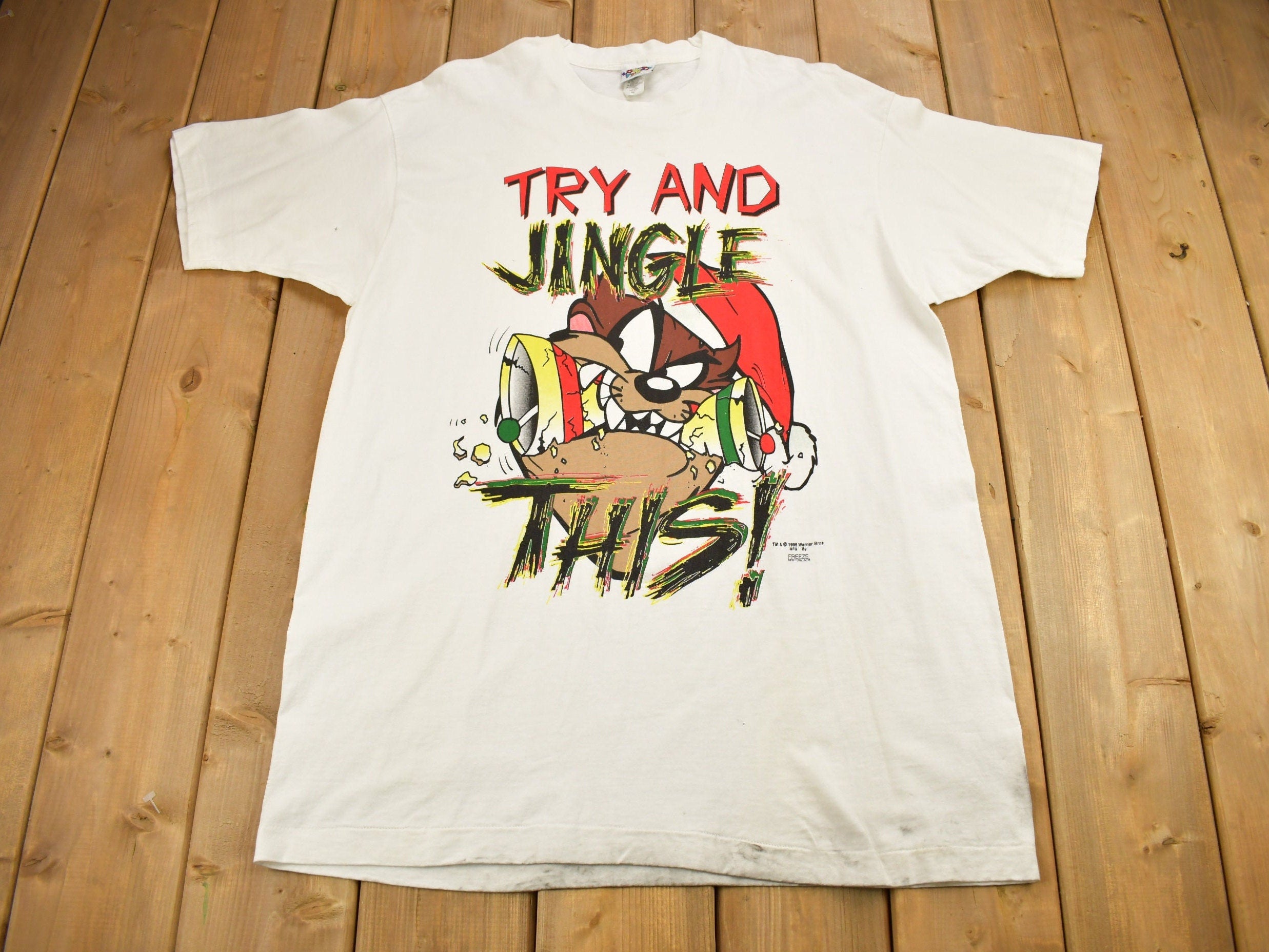 Vintage 1995 Taz "Try And Jingle This" Christmas Graphic Looney Tunes T-Shirt