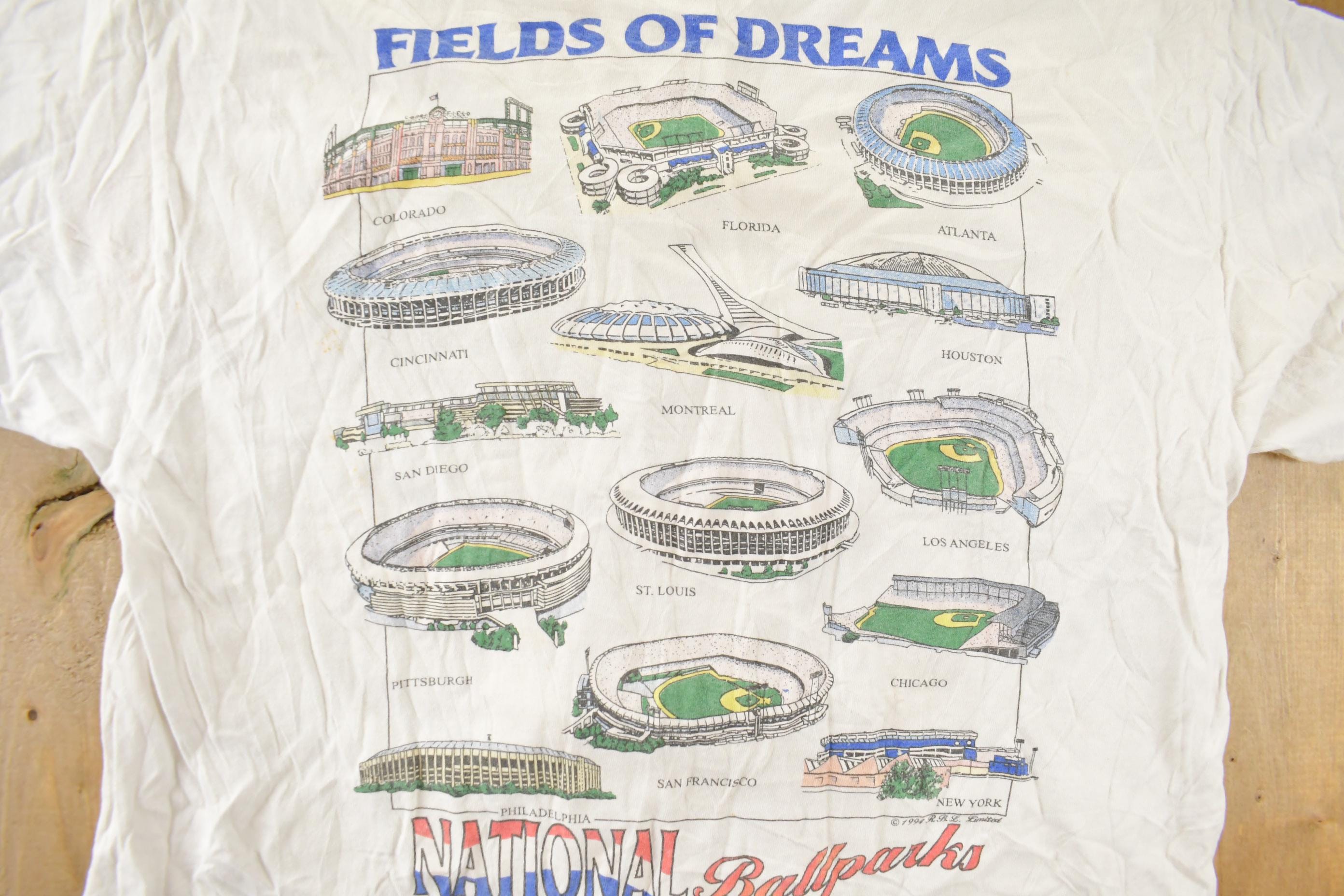 Vintage 1990s Fields Of Dreams American Baseball Ball Parks Graphic T Shirt Men's Large
