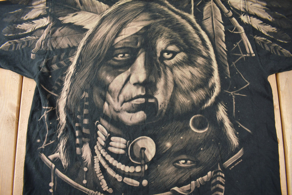 Vintage 1996 Liquid Blue Native American Graphic All Over Print T Shirt Size XXL