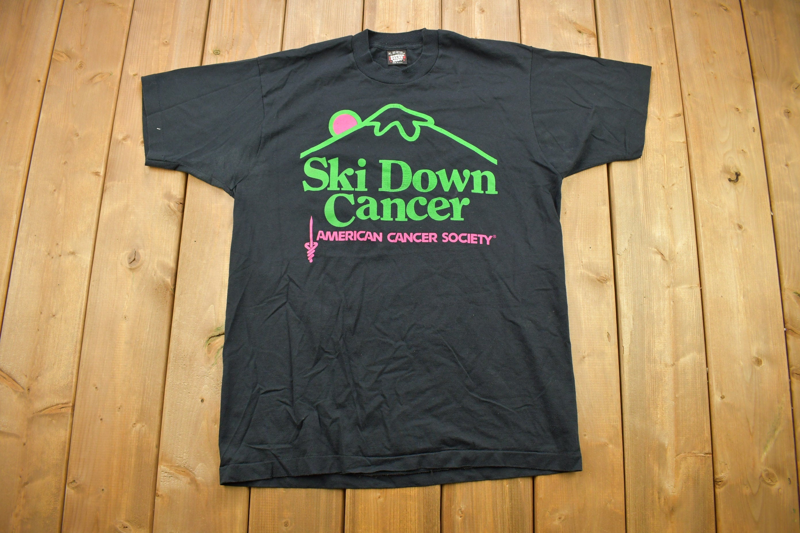 Vintage 1990s American Cancer Society "Ski Down Cancer" Graphic T Shirt