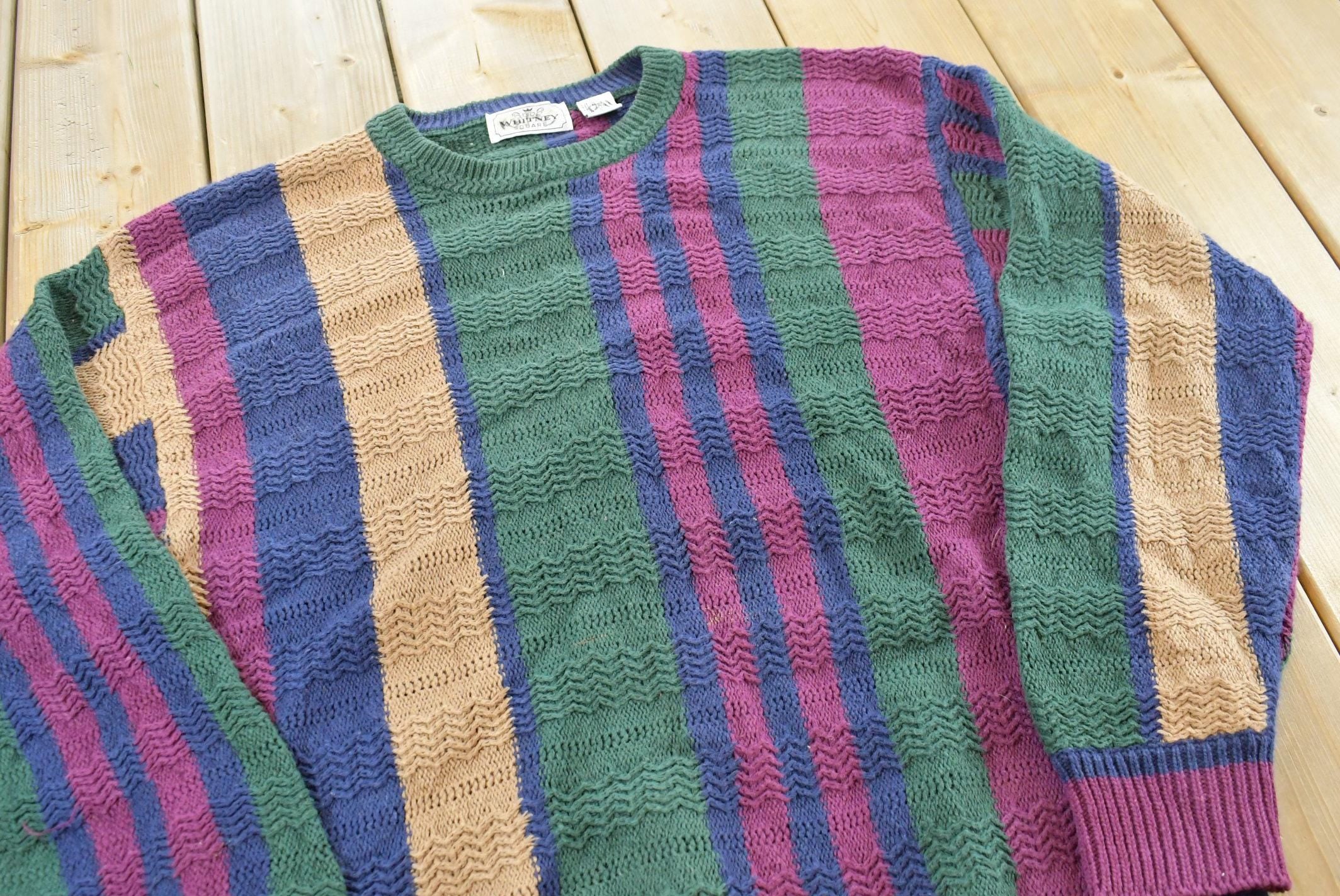 Vintage 1980s Whitney Square Striped Textured Knit Crewneck Sweater Mens L