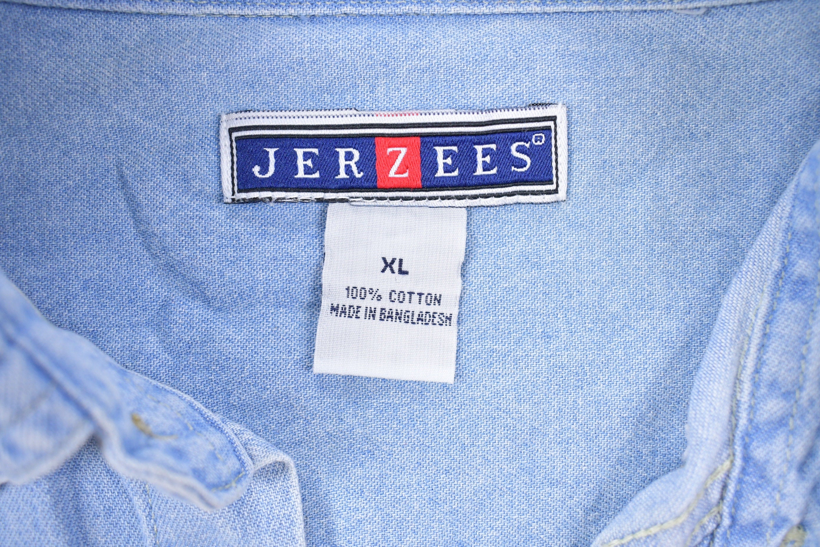 Vintage 1990s Jerzees Skull Back Print Denim Button Up Shirt