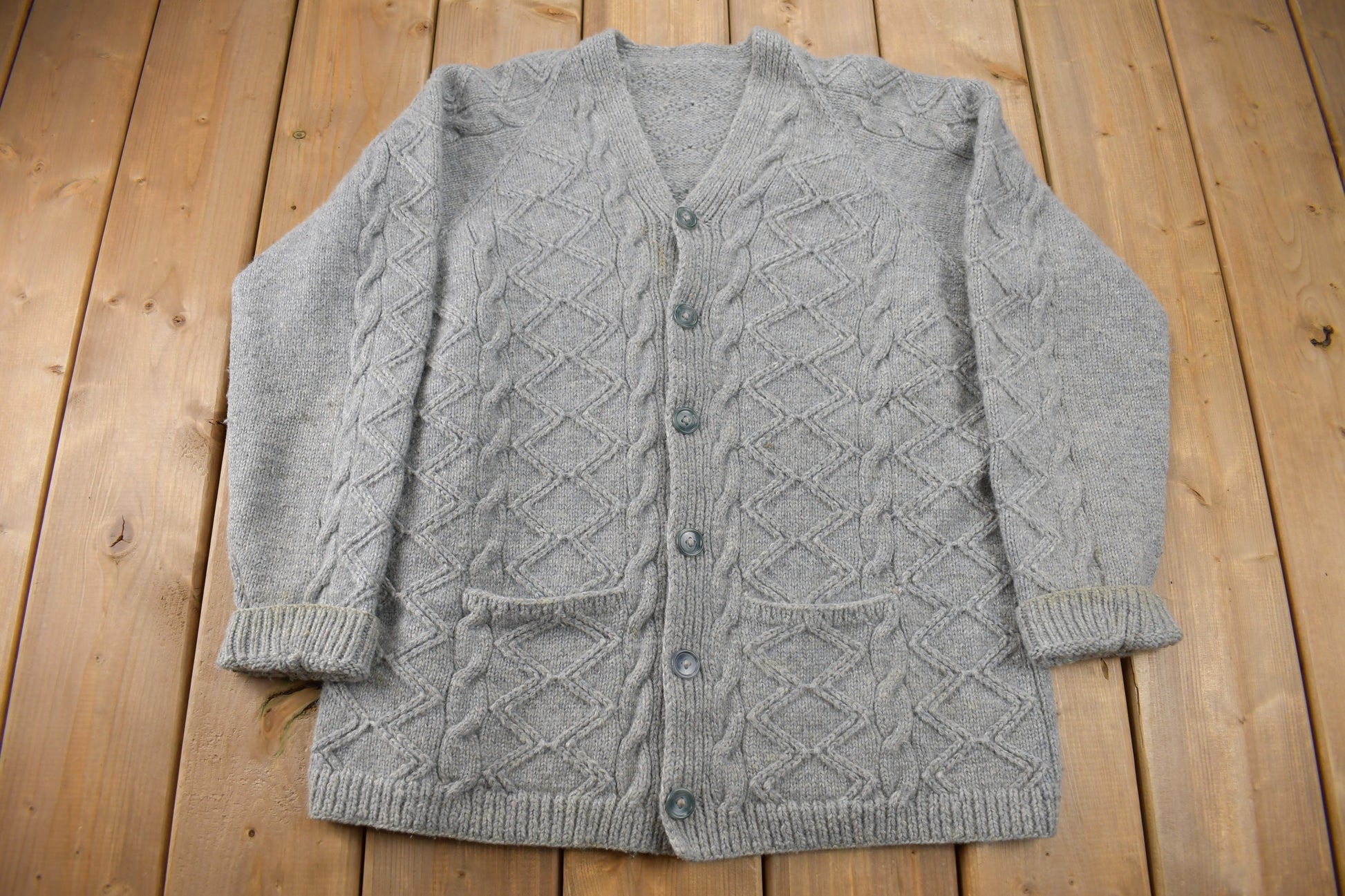Vintage 1980s 3D Grey Cable Knit Cardigan Sweater