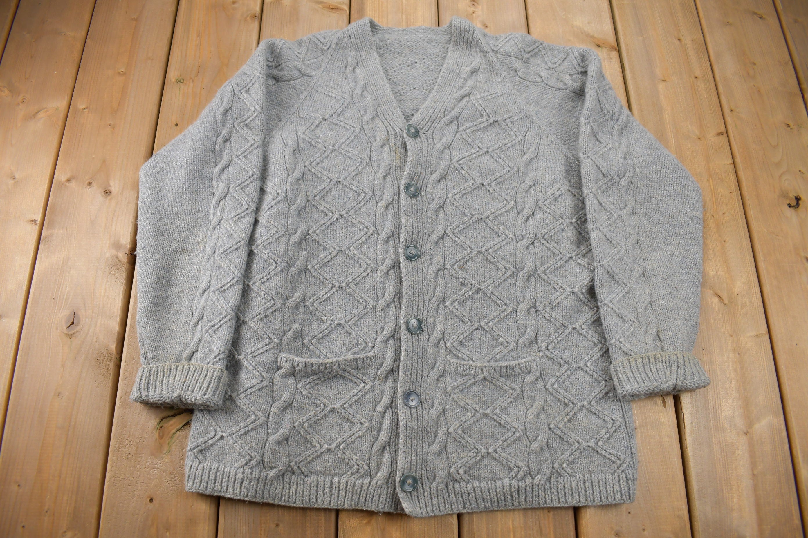 Vintage 1980s 3D Grey Cable Knit Cardigan Sweater