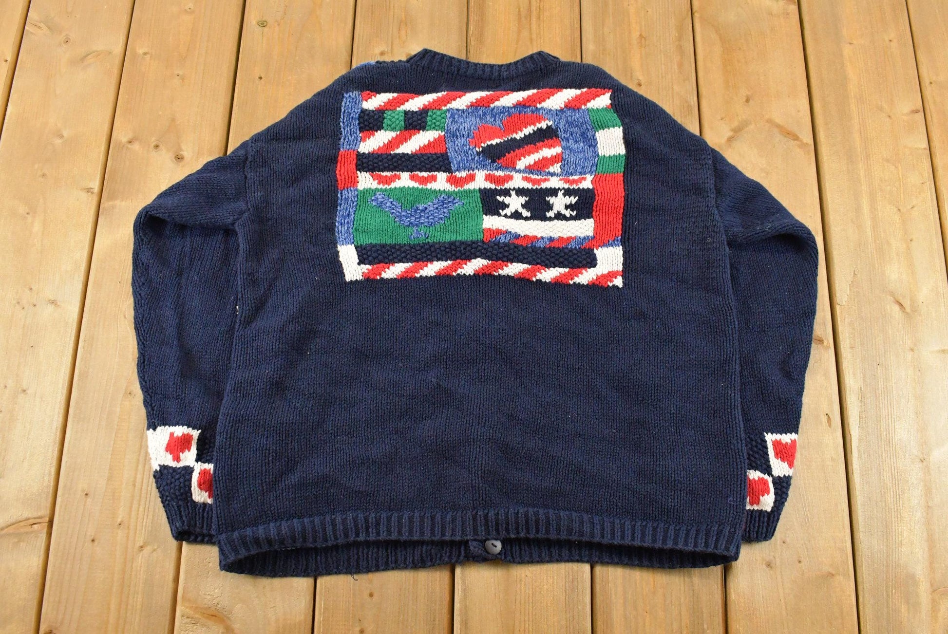 Vintage 1990s Alexandra Bartlett Grandma All Over Print Knit Cardigan Sweater Women's M / Button Up Sweatshirt / AOP Pattern