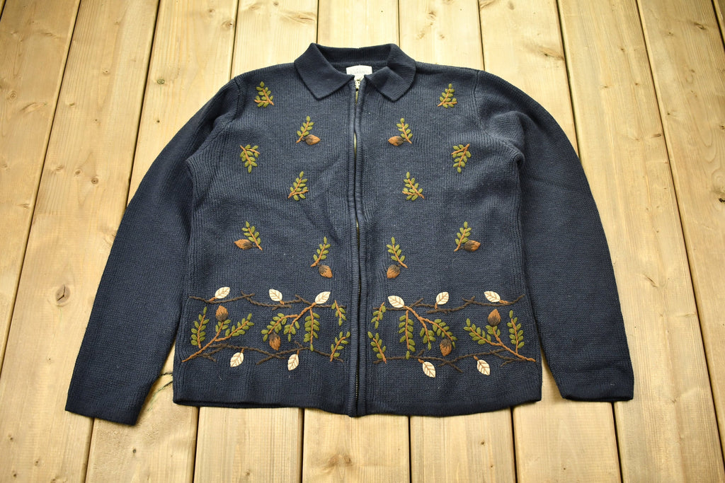Vintage 1990s Embroidered Leaves Theme Knitted Zip Up Sweater