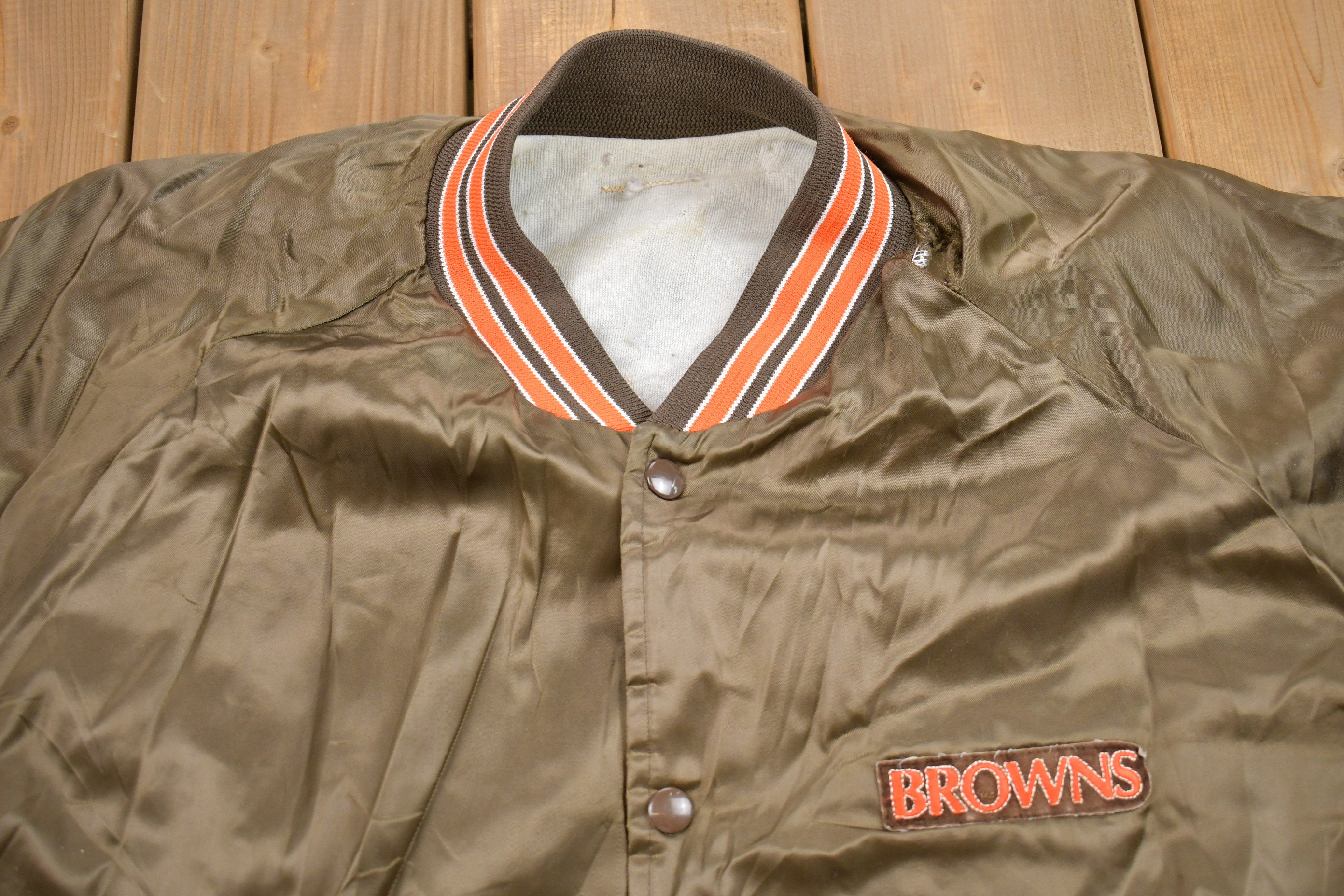 Vintage 1980s Cleveland Browns NFL Satin Bomber Jacket