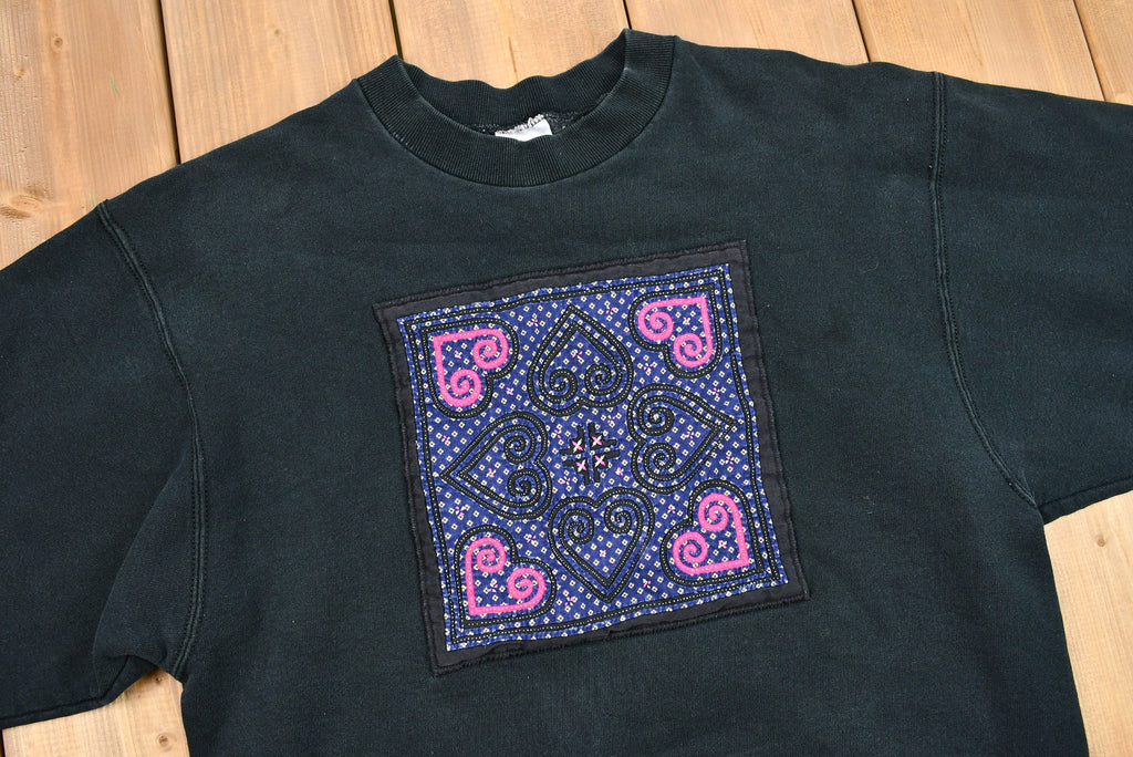 Vintage 1990s Heart Print Calico Patchwork Crewneck Sweatshirt