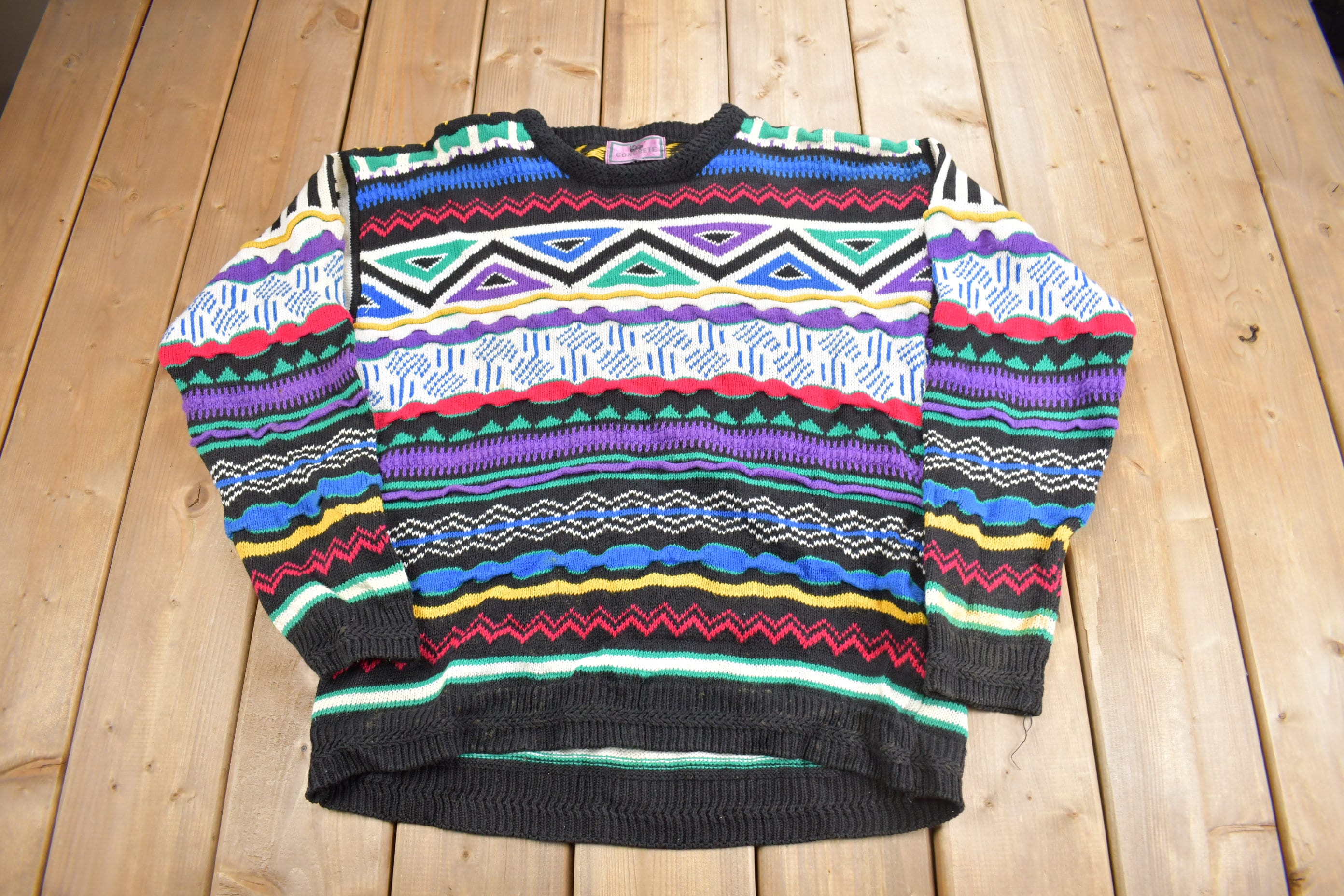 Vintage 1990s Concrete Mix 3D Colored Cable Knit Crewneck Sweater