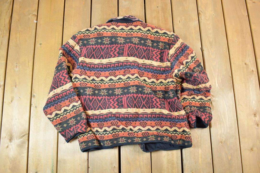 Vintage 1990s New Direction 100% Cotton Aztec Southwestern Light Button Up Lined Knit Jacket