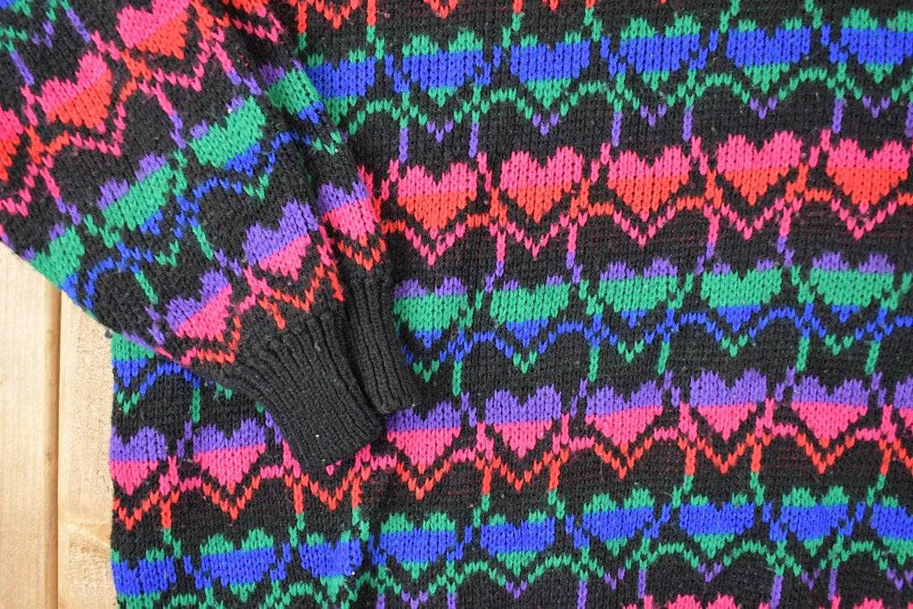 Vintage 1990s Stefano International AOP Rainbow Hearts Knit Crewneck Sweater Womens XL