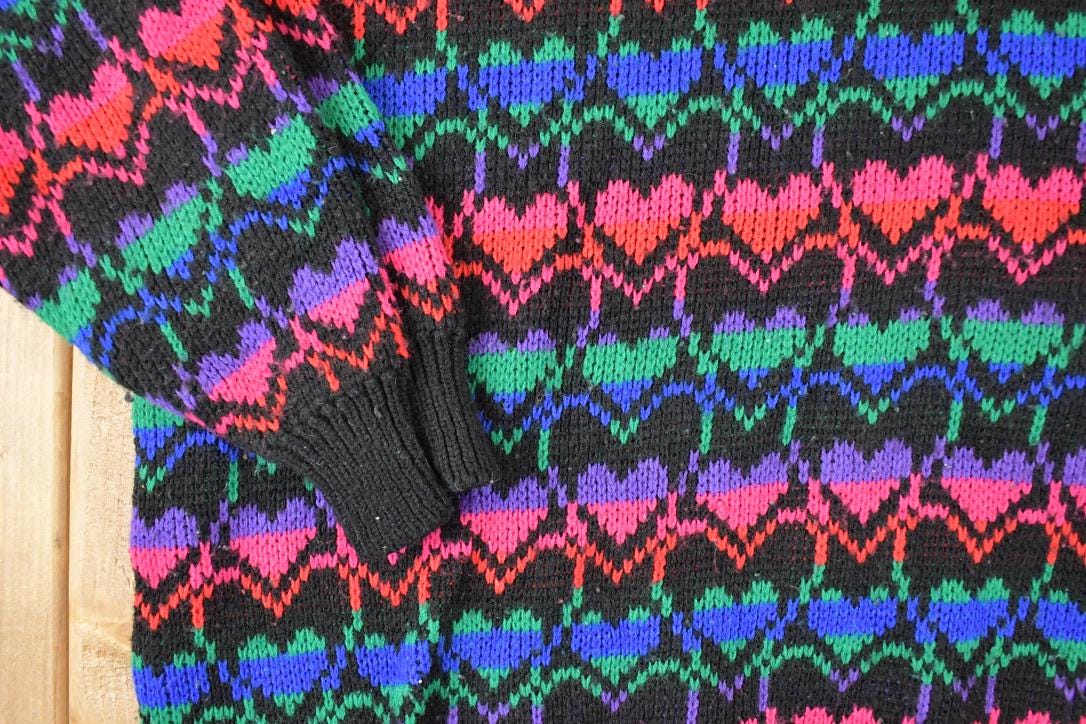 Vintage 1990s Stefano International AOP Rainbow Hearts Knit Crewneck Sweater Womens XL