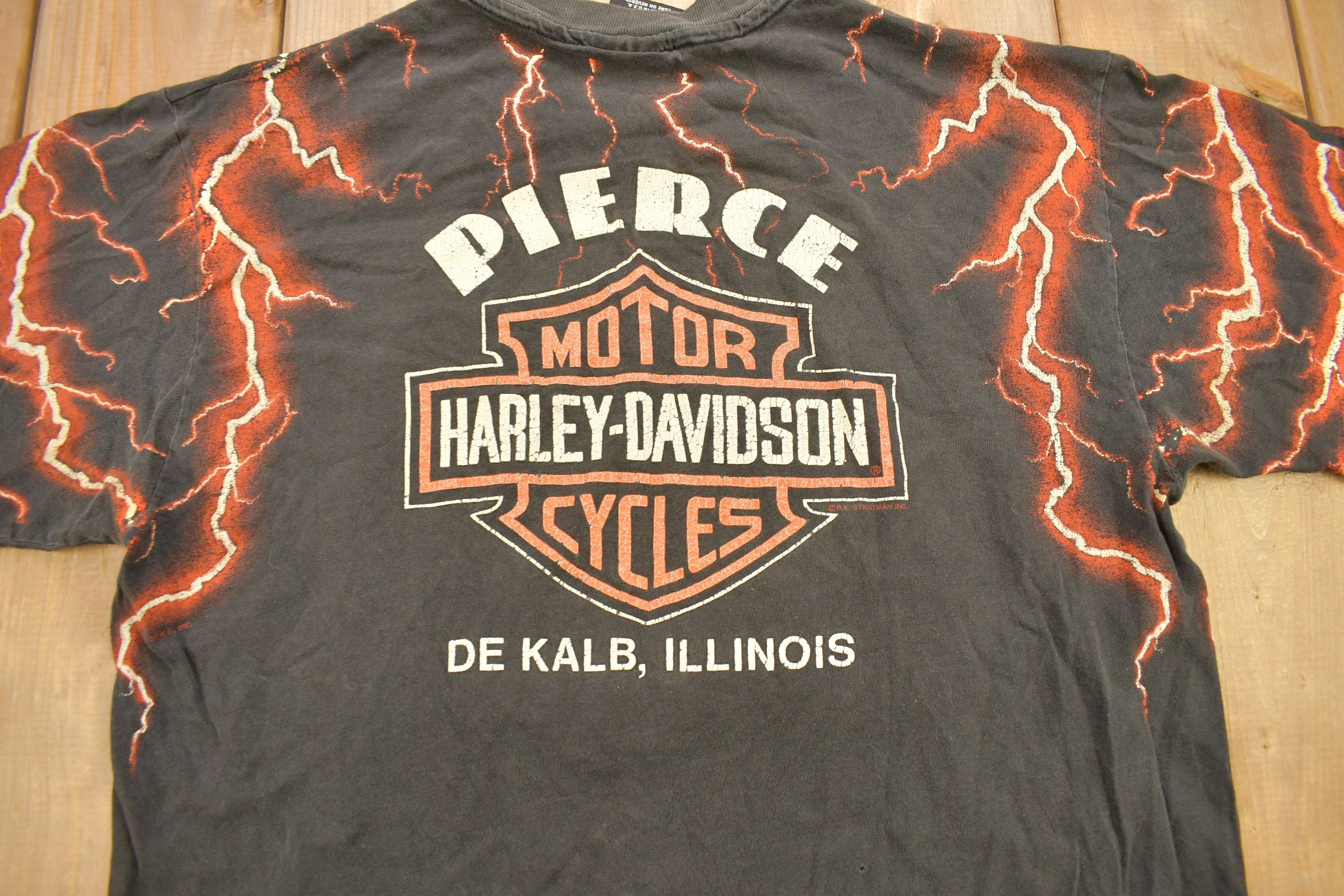 Vintage 1990s Pierce Harley Davidson De Kalb Illinois Lightning Graphic T-Shirt