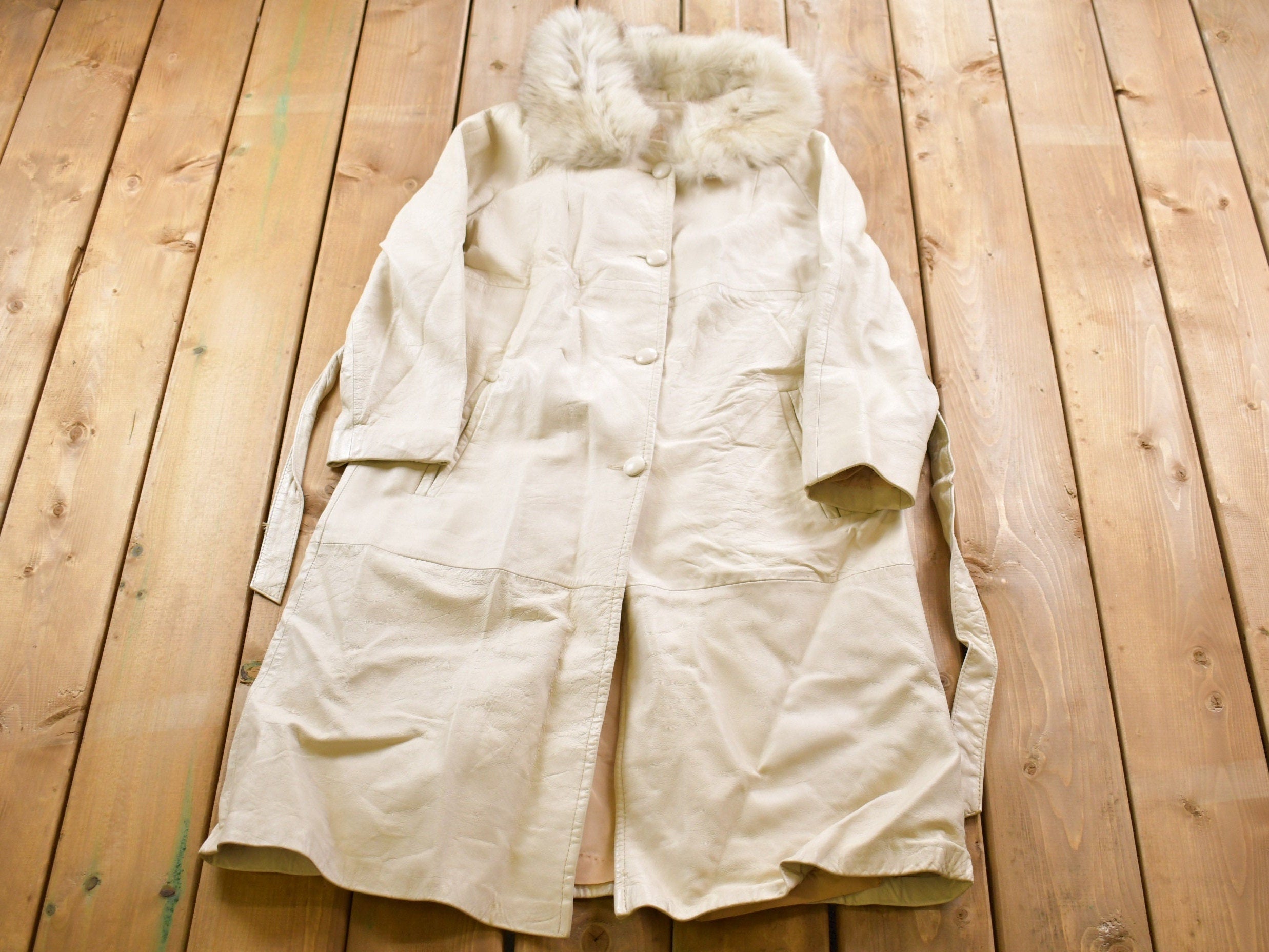 Vintage 1980s Leather Fur Collar Full Length Jacket