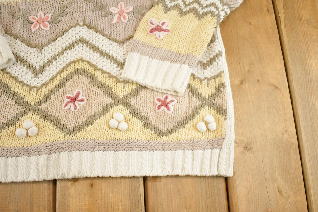 Vintage 1990s BP Design Floral Chunky Knit Crewneck Sweater Womens M /