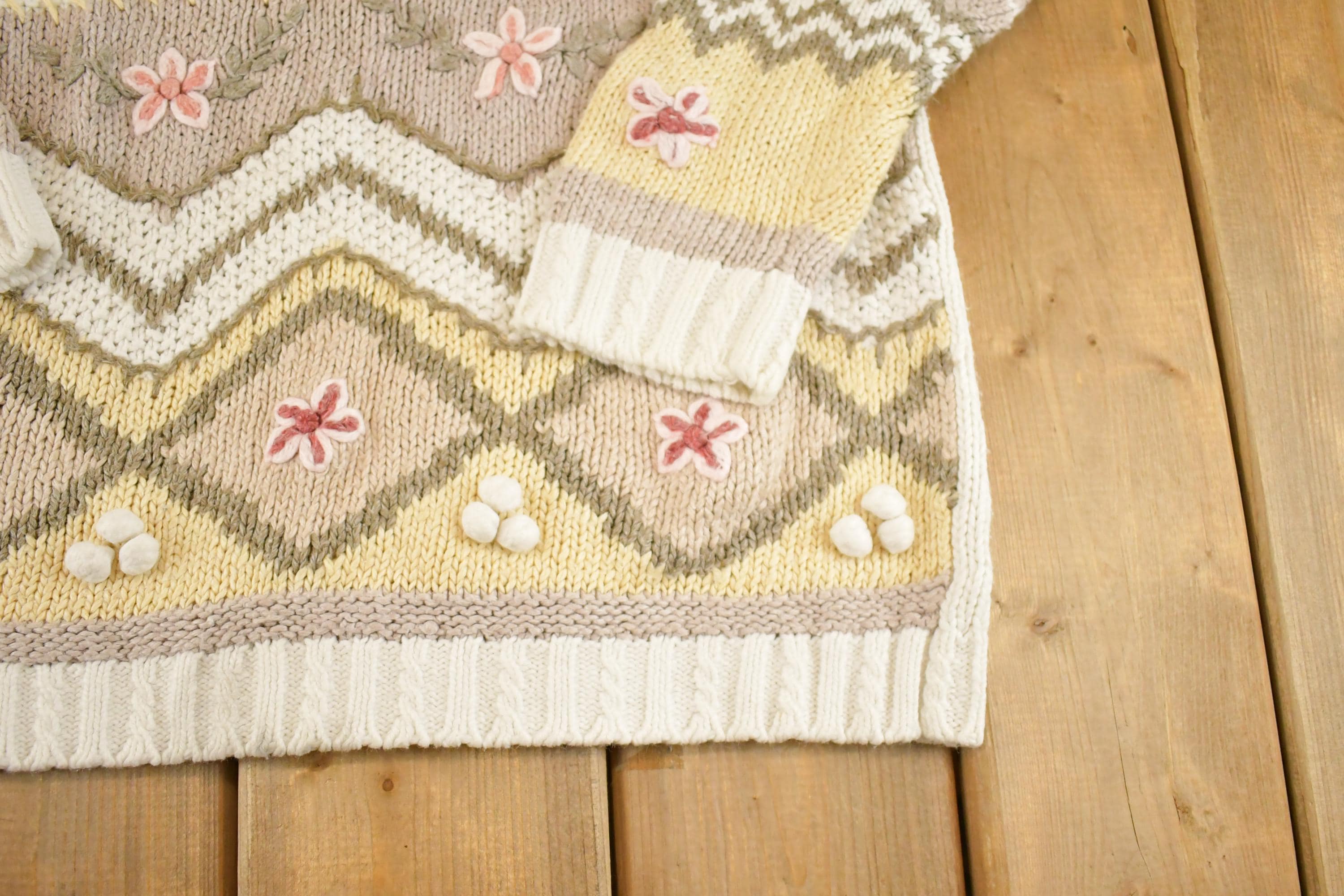 Vintage 1990s BP Design Floral Chunky Knit Crewneck Sweater Womens M /