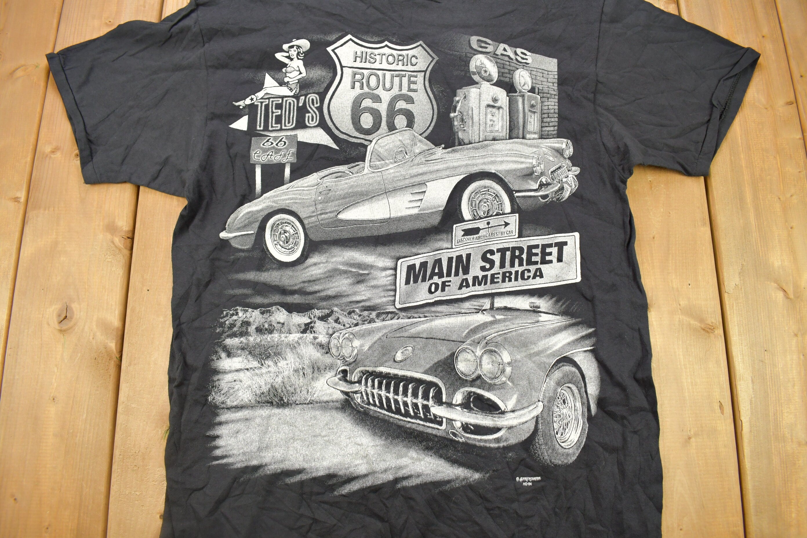 Vintage 1990s Main Street Of America Route 66 Classic Car Graphic T Shirt