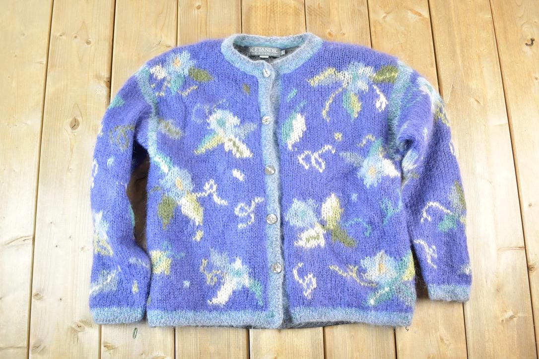 Vintage 1990s Icelandic Design Button Up Knit Abstract Pattern Crewneck Sweater Womens L