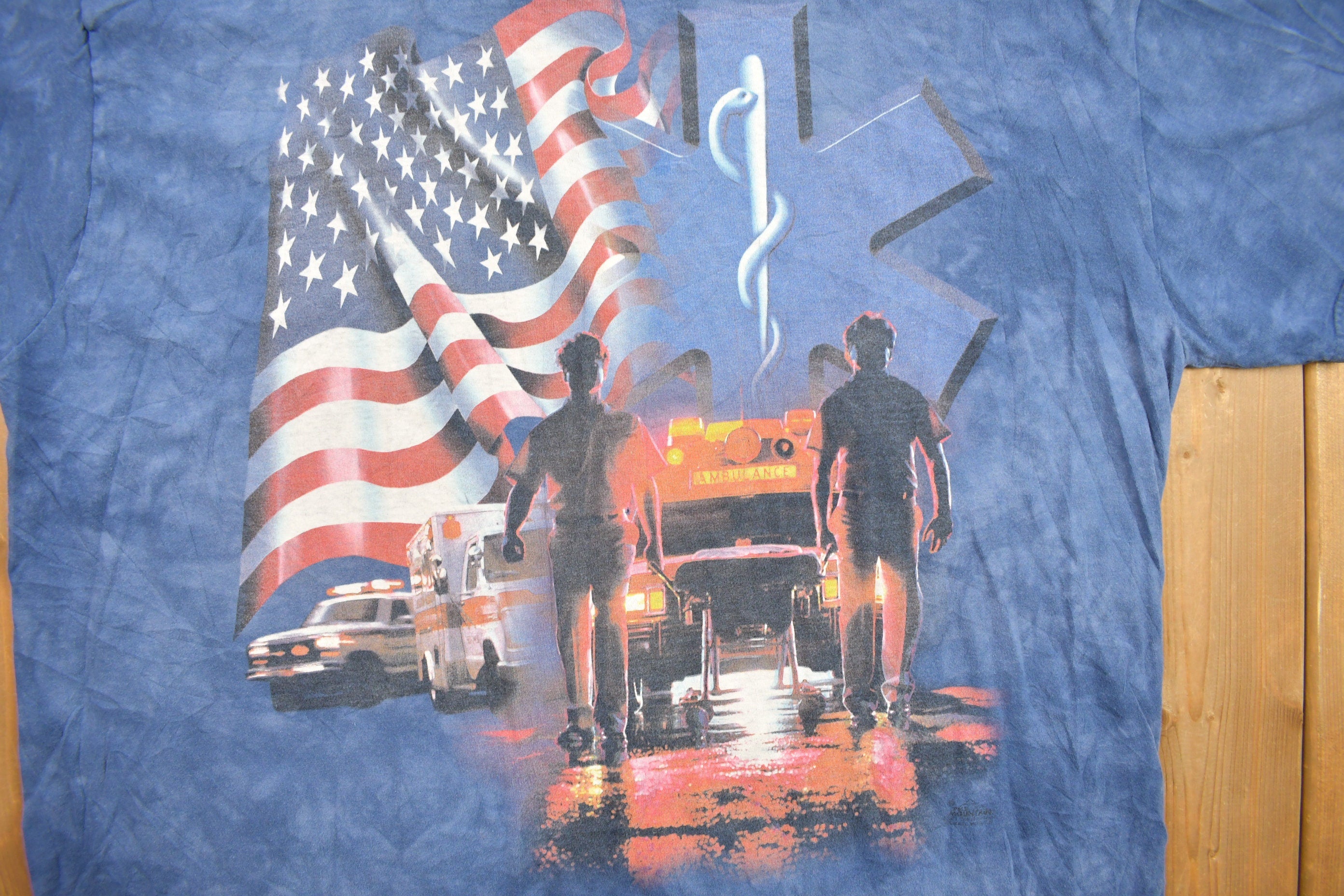 Vintage 1990s American EMT Services Graphic Tie Dye T Shirt