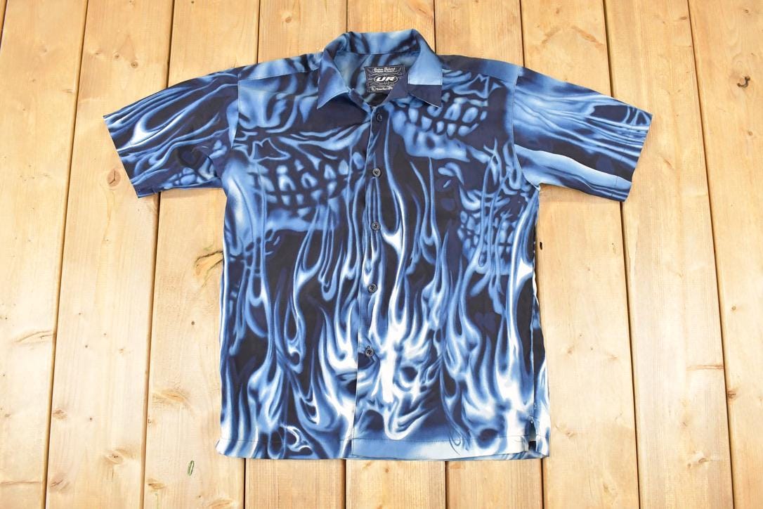 Vintage 1990s UR AOP Ghost Skulls Abstract Button Up Shirt Men's M