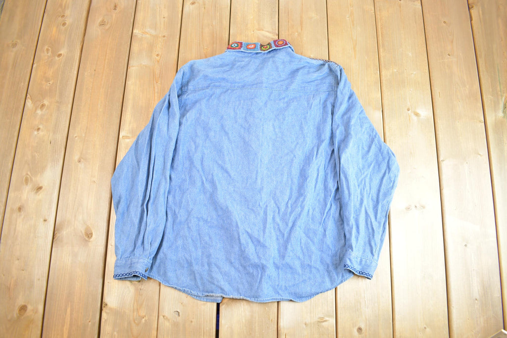 Vintage 1990s KORET City Blues Petites Embroidered Jean Garden Long Sleeve Shirt