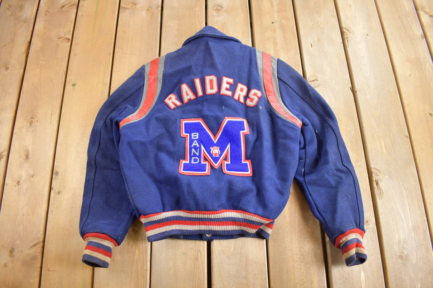 Vintage 1980s M Band Raiders Wool Varsity Jacket / Patchwork / Streetwear / Embroidered / Women's Jacket