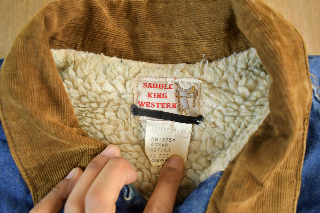 Vintage 1980s Saddle King Western Sherpa Lined Denim Jean Jacket Men's XL