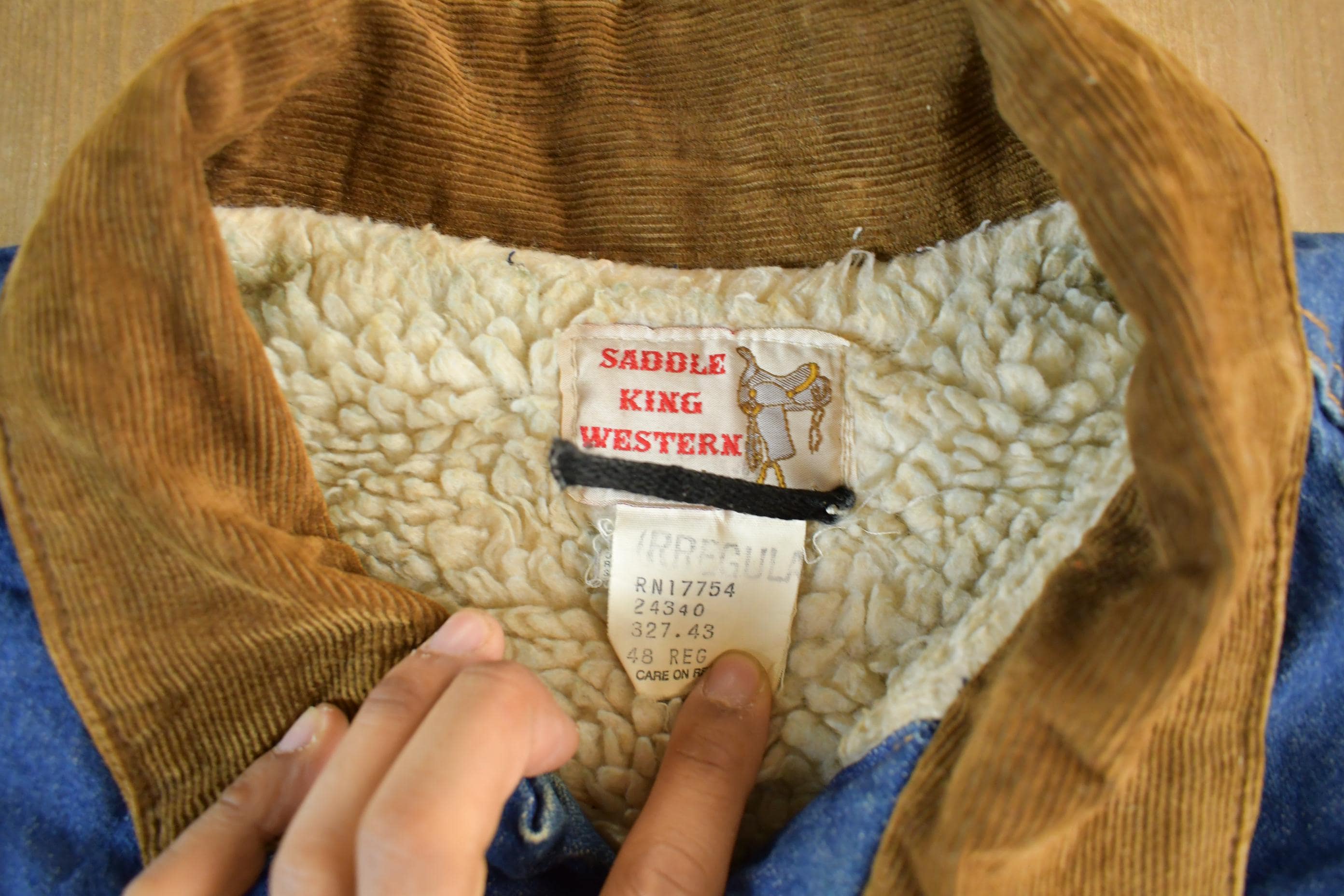 Vintage 1980s Saddle King Western Sherpa Lined Denim Jean Jacket Men's XL