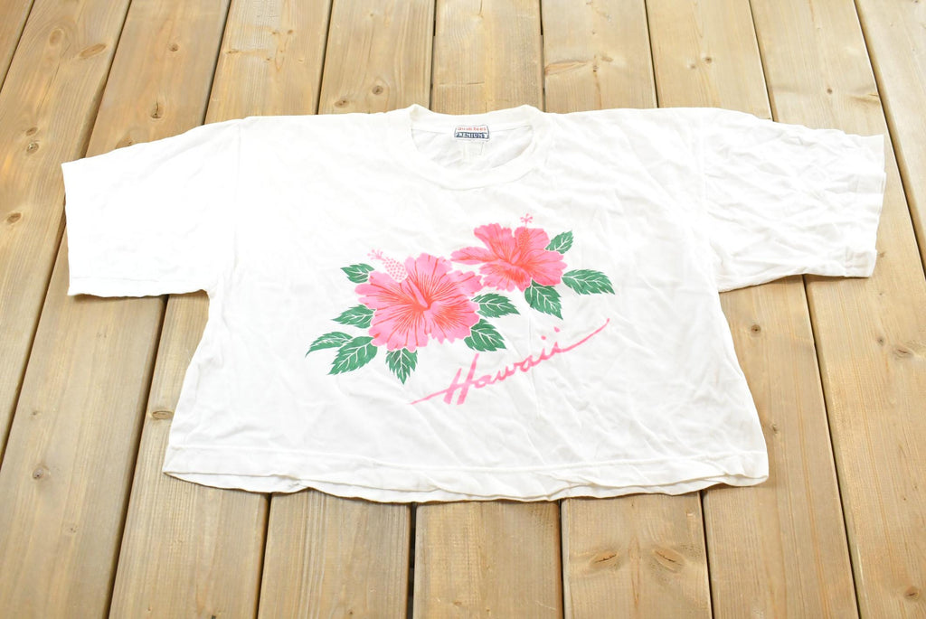 Vintage 1990s Hawaii Flowers Cropped T-Shirt Mens L  Promotional  Travel Souvenir Vacation  Streetwear  Nature